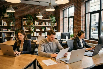 Espace de coworking La Hune avec des bureaux en bois et des professionnels travaillant sur leurs ordinateurs portables