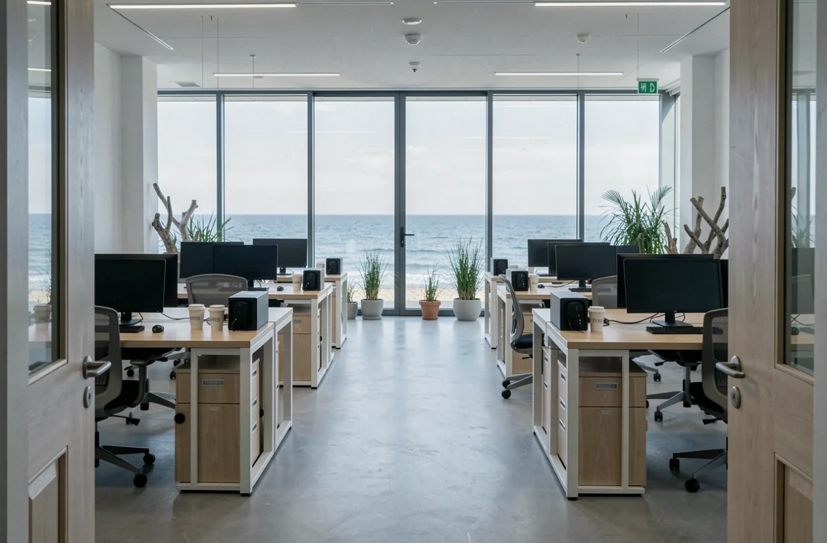Espace de coworking vide au design épuré à La Baule avec vue panoramique sur l'océan