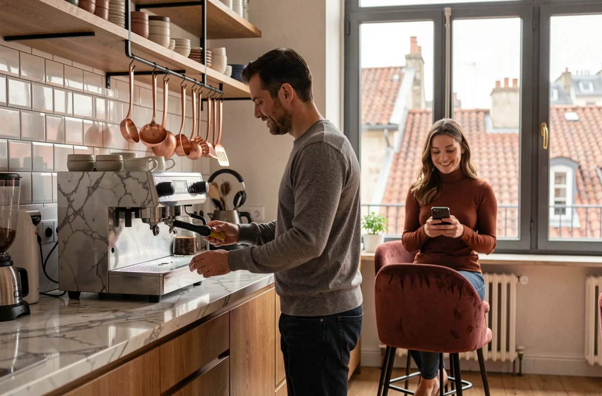 Espace détente et cuisine partagée dans un coworking moderne à Lyon avec vue sur les toits de la ville