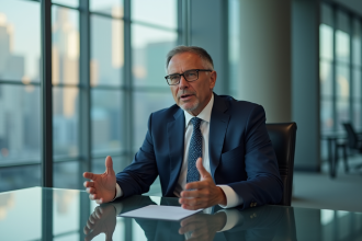 Homme d'affaires en costume navy dans un bureau moderne