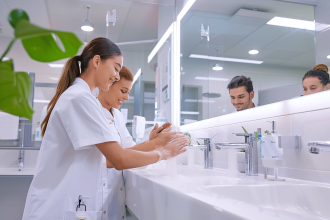 Travailleurs respectant les règles d'hygiène dans un bureau propre