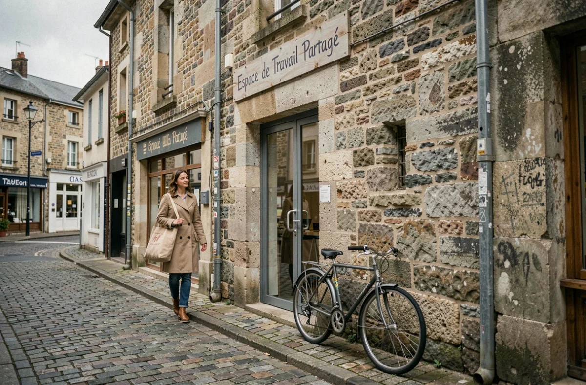 Façade extérieure d'un espace de coworking dans un bâtiment en pierre à Rodez avec une femme entrant dans les locaux