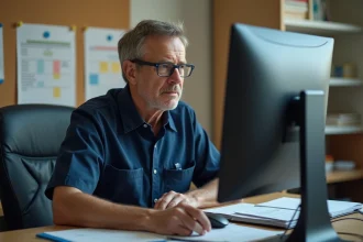Facteur en uniforme à son bureau étudiant un écran d'ordinateur