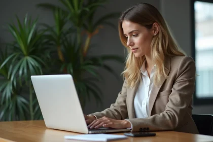 Jeune femme d'affaires analysant des données sur un ordinateur portable