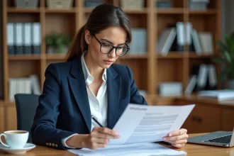 Femme d'affaires consultant un extrait Kbis et des statuts d'entreprise dans un bureau professionnel moderne