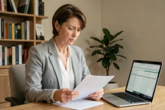 Femme de 45 ans analysant des documents liés à son allocation chômage et reprise de travail à temps partiel