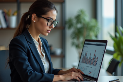 Femme d'affaires analysant des graphiques marketing dans un bureau moderne