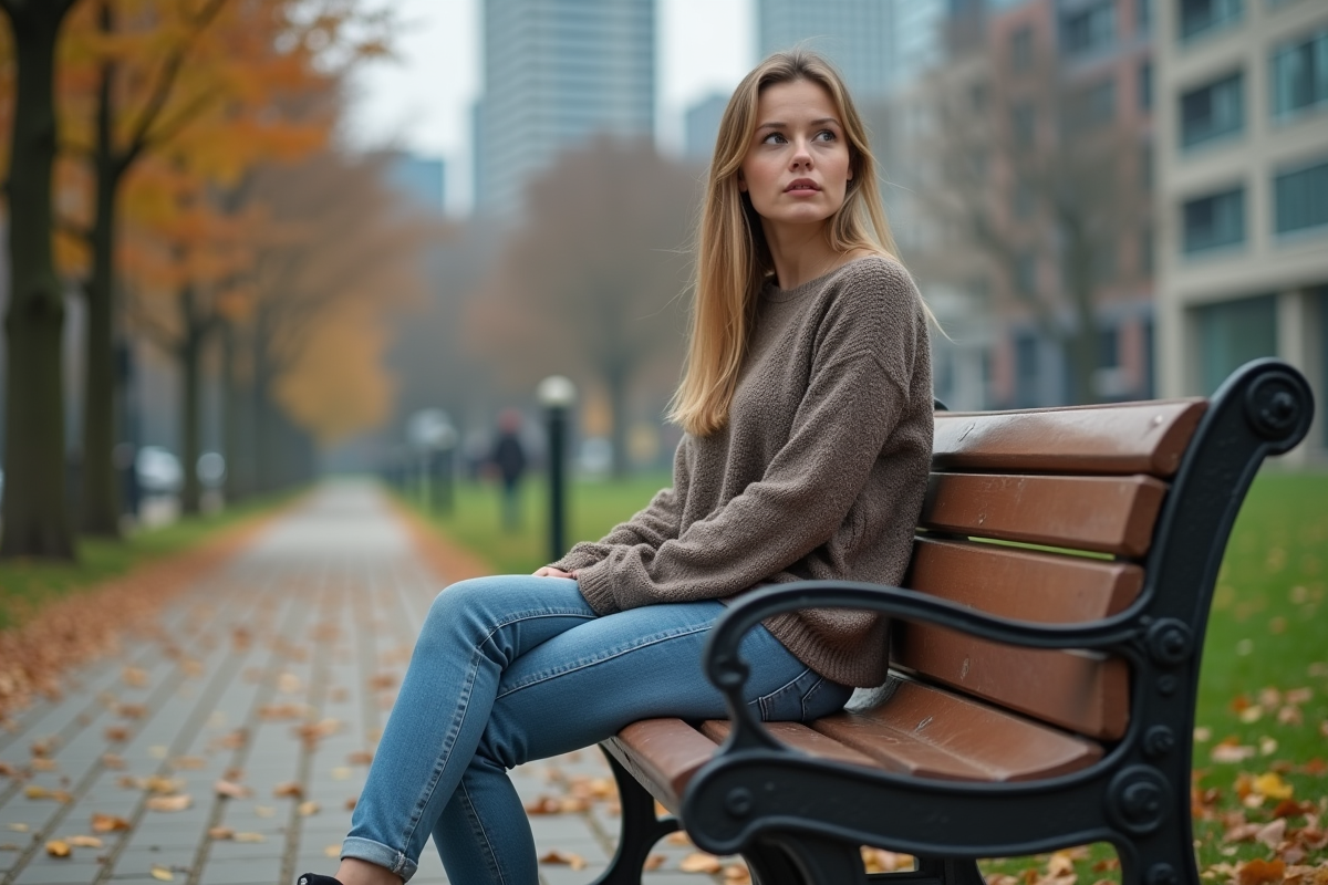 Jeune femme en vêtements décontractés sur un banc de parc