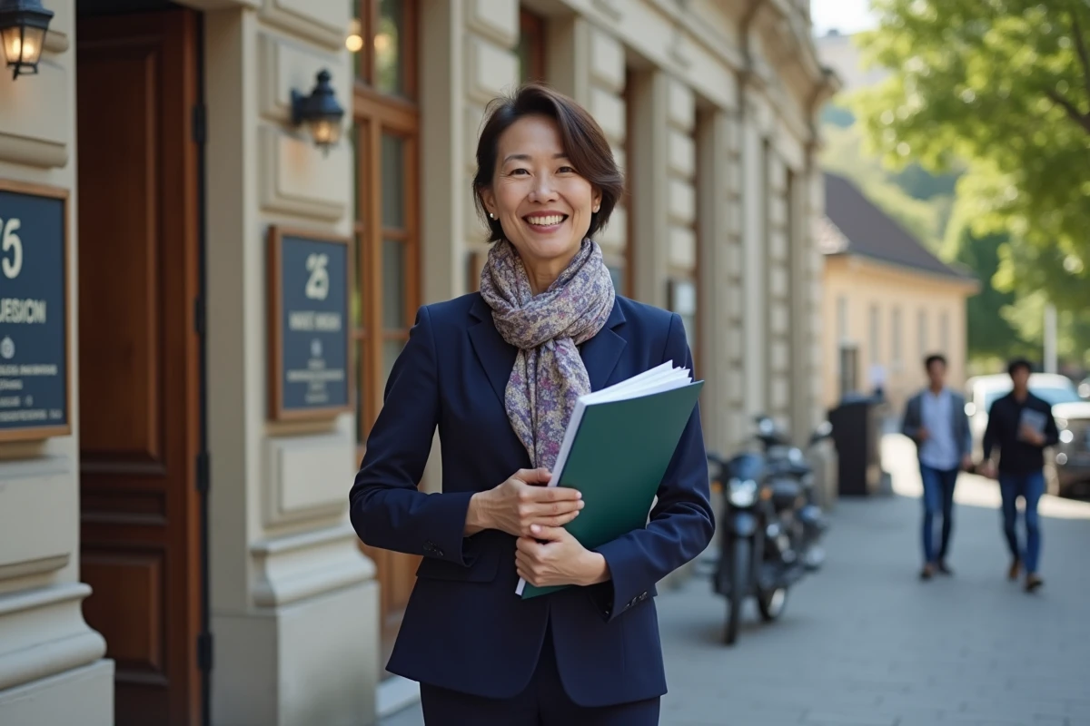 Femme asiatique souriante avec dossier devant un bâtiment administratif
