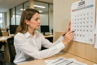 Femme professionnelle marquant les jours ouvrés sur un calendrier 2026 dans un bureau moderne