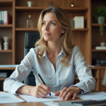 Femme d'âge moyen au bureau moderne en train de revoir des documents