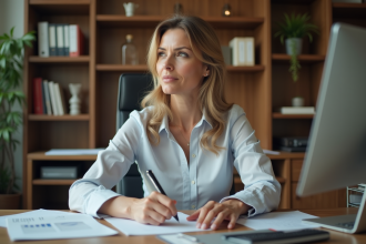 Femme d'âge moyen au bureau moderne en train de revoir des documents