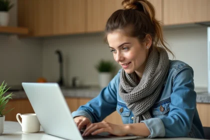 Femme en denim et écharpe travaillant à la maison