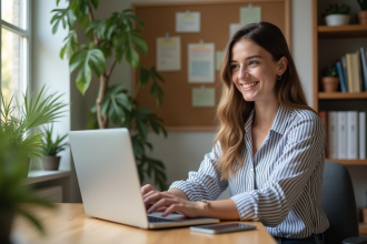 Jeune femme au bureau souriante et concentrée sur son ordinateur
