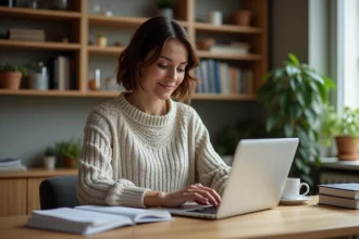 Femme concentrée travaillant sur son ordinateur dans un bureau cosy