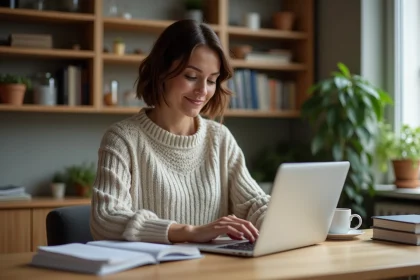 Femme concentrée travaillant sur son ordinateur dans un bureau cosy