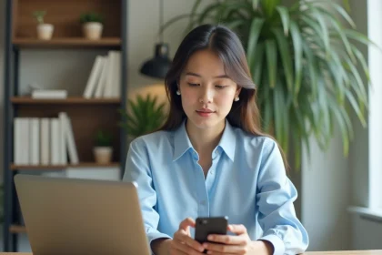 Jeune femme au bureau avec ordinateur et smartphone