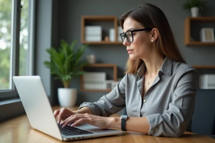 Femme professionnelle au bureau utilisant un ordinateur