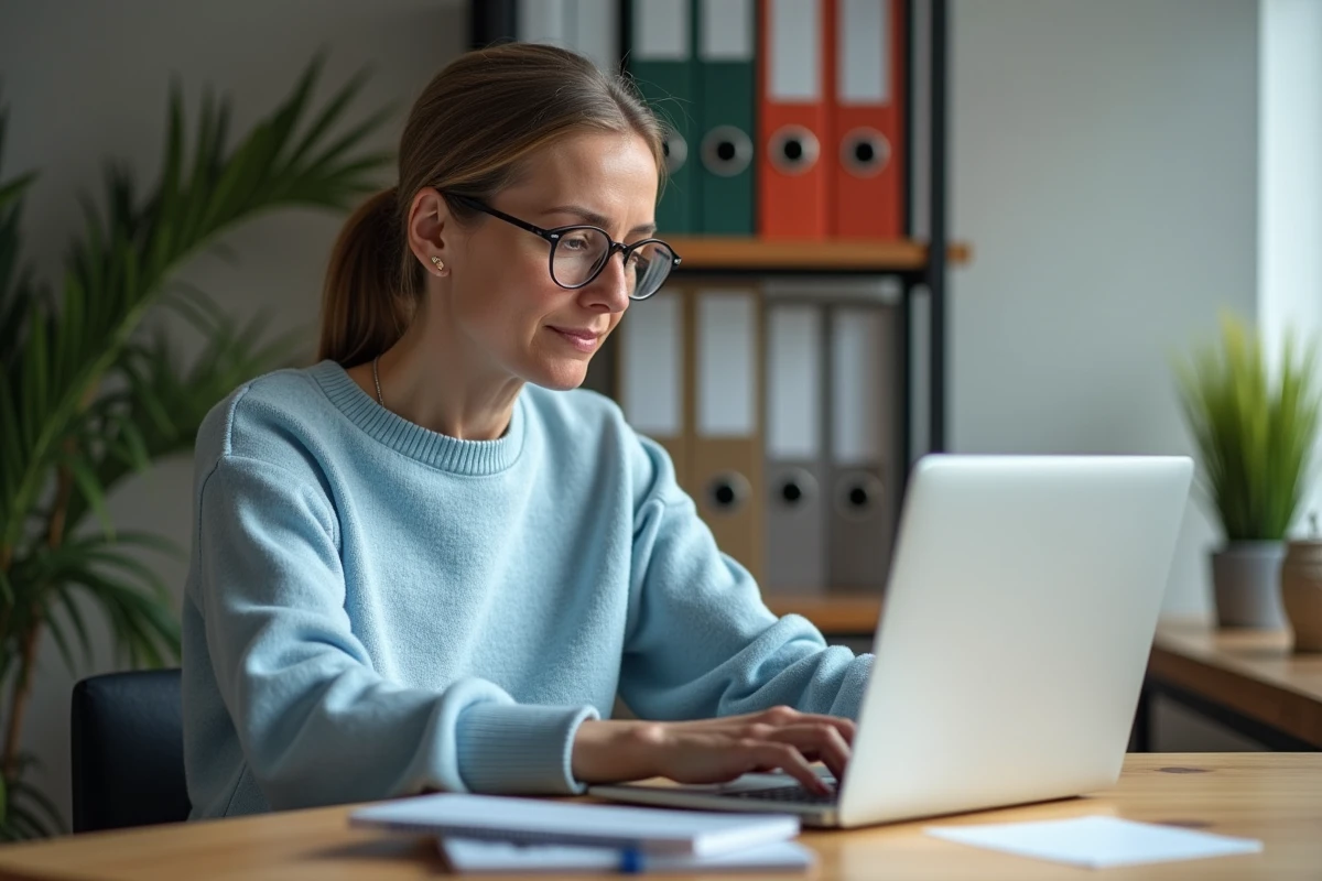 Femme au bureau gérant son compte Urssaf en ligne