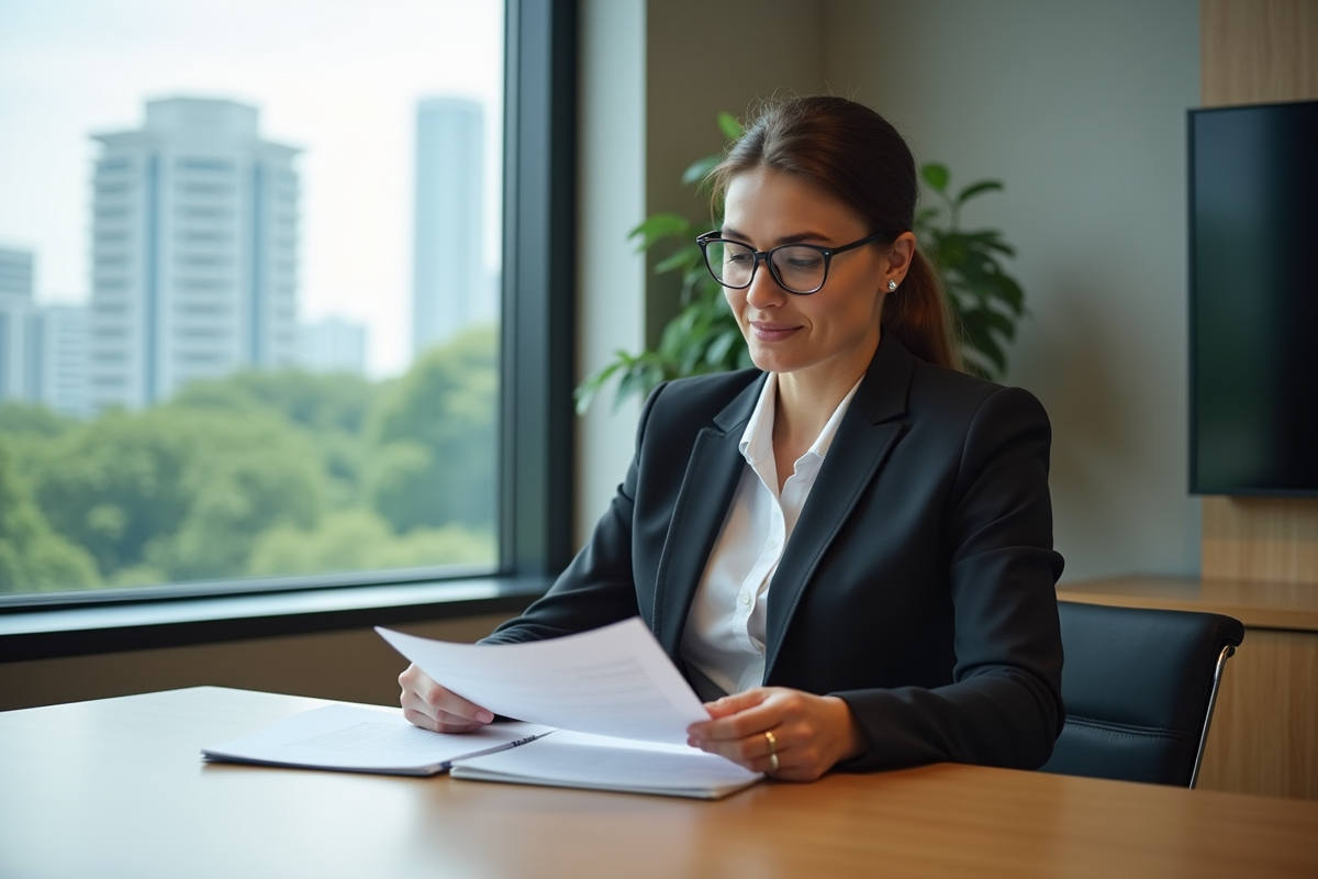 Femme au bureau examinant un document dans un espace professionnel