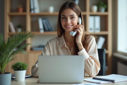 Femme en tenue décontractée au bureau préparant un appel