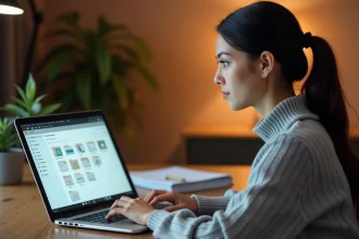 Femme consultant son coffre-fort numérique sur ordinateur portable pour stocker ses bulletins de paie en ligne