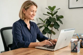 Femme professionnelle connectée à son extranet de gestion d'activité sur un ordinateur portable dans un bureau à domicile