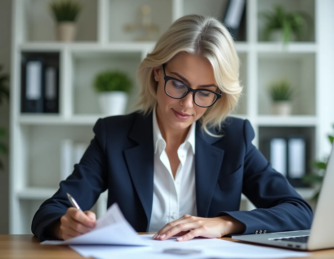 Femme professionnelle consultant des statuts juridiques sur un bureau en bois dans un bureau à domicile moderne