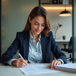Femme d'affaires examine un contrat dans un bureau moderne