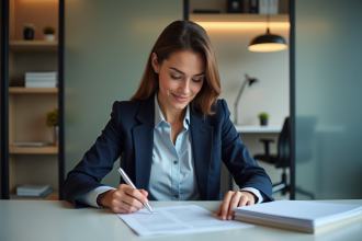 Femme d'affaires examine un contrat dans un bureau moderne