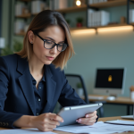 Femme d affaires en réunion de conformité avec tablette