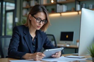 Femme d affaires en réunion de conformité avec tablette