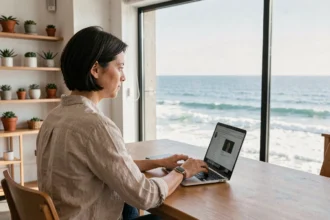 Femme travaillant dans un espace de coworking à La Baule avec vue sur l'océan Atlantique