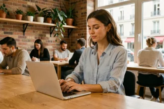 Femme travaillant sur un ordinateur portable dans un espace de coworking moderne à Rodez avec des bureaux en bois partagés