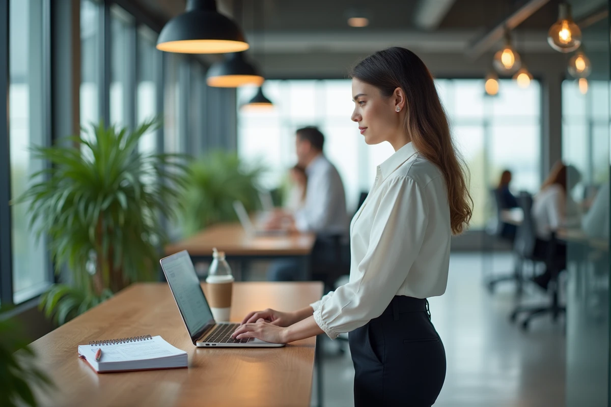 Une femme professionnelle travaille debout dans un espace de coworking moderne, consultant ses notes financières et son ordinateur portable pour optimiser ses revenus en ligne grâce à des stratégies business numériques