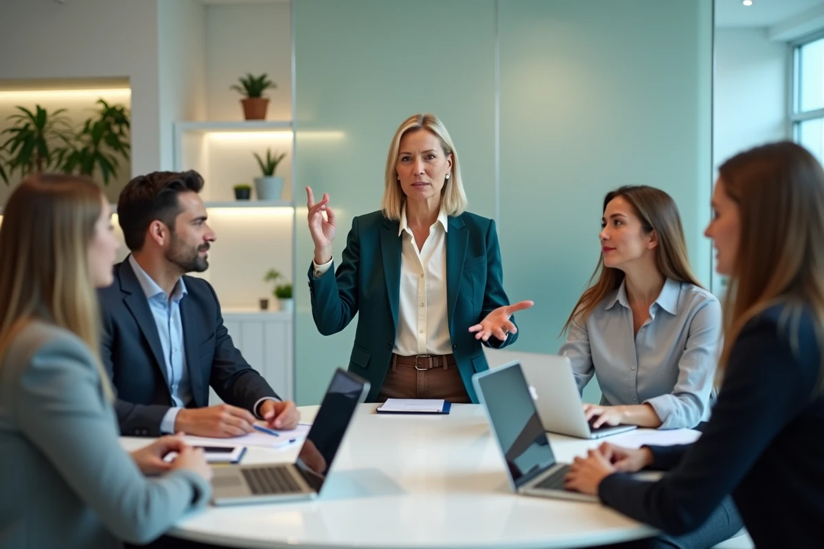 Femme dirigeante animant une table ronde lors d'une session de networking B2B dans un espace de coworking contemporain