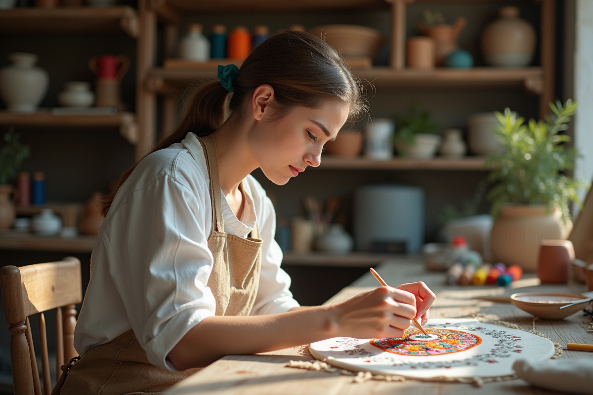 Jeune femme cousant un textile coloré dans un atelier lumineux
