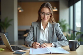 Femme entrepreneur analysant un guide business pour valider une idée avant d'investir dans un espace de coworking moderne