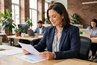 Femme de 45 ans entrepreneur confiante dans un espace de coworking, consultant des documents pour créer son entreprise après 40 ans