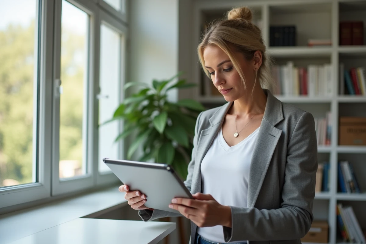Femme entrepreneuse consultant un blog de ressources pour entrepreneurs sur une tablette dans son bureau à domicile