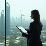 Femme d'âge moyen regardant la ville futuriste depuis une fenêtre