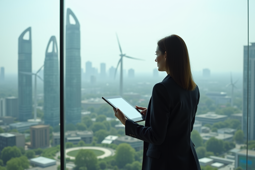 Femme d'âge moyen regardant la ville futuriste depuis une fenêtre