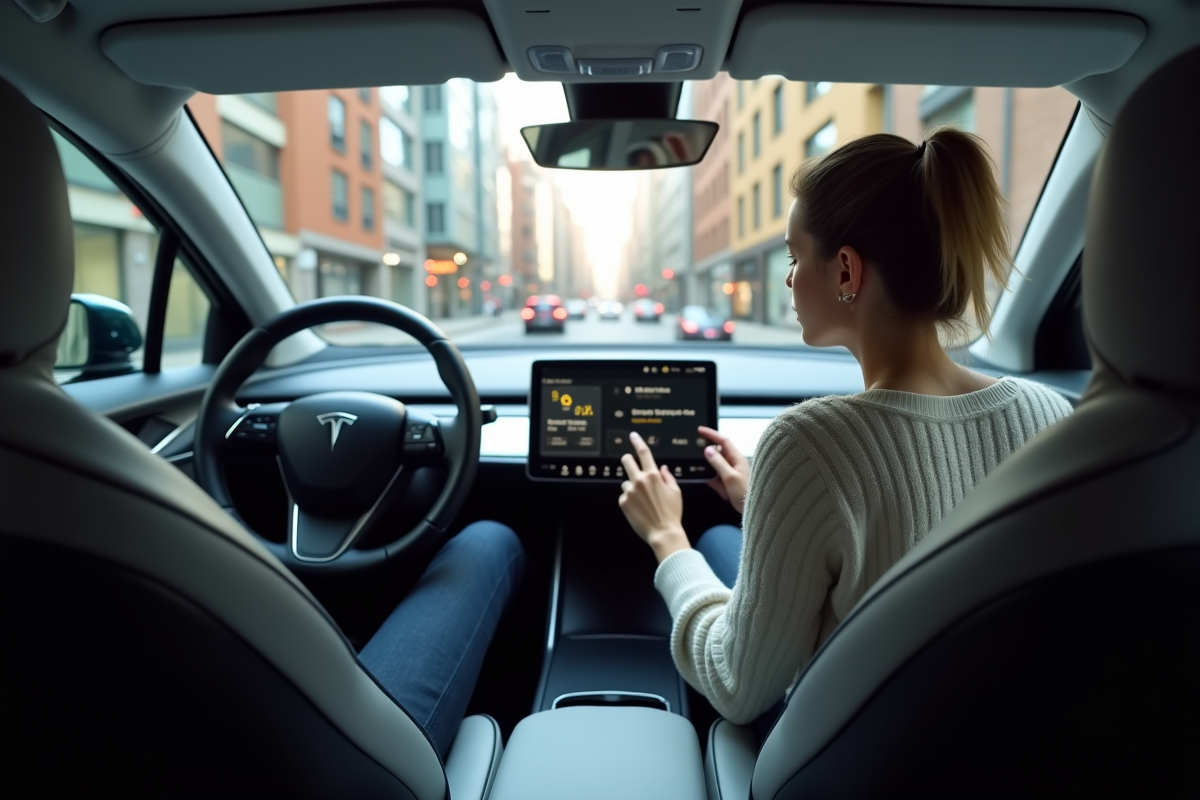 Femme dans l’habitacle d’une voiture électrique moderne