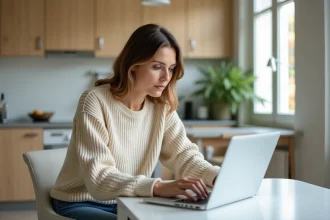 Femme assise à une table de cuisine moderne avec ordinateur