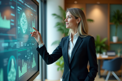 Femme d'affaires devant un écran interactif sur l'environnement