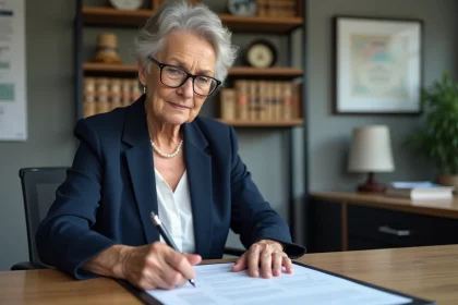 Femme d'âge mûr en blazer bleu examine une checklist juridique