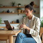 Femme en blazer léger et jeans détendus dans une cuisine moderne