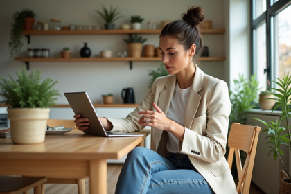 Femme en blazer léger et jeans détendus dans une cuisine moderne