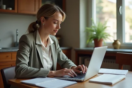 Femme en blouse et blazer rédigeant une lettre de motivation