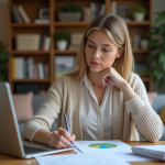 Femme concentrée devant un ordinateur avec factures et graphique
